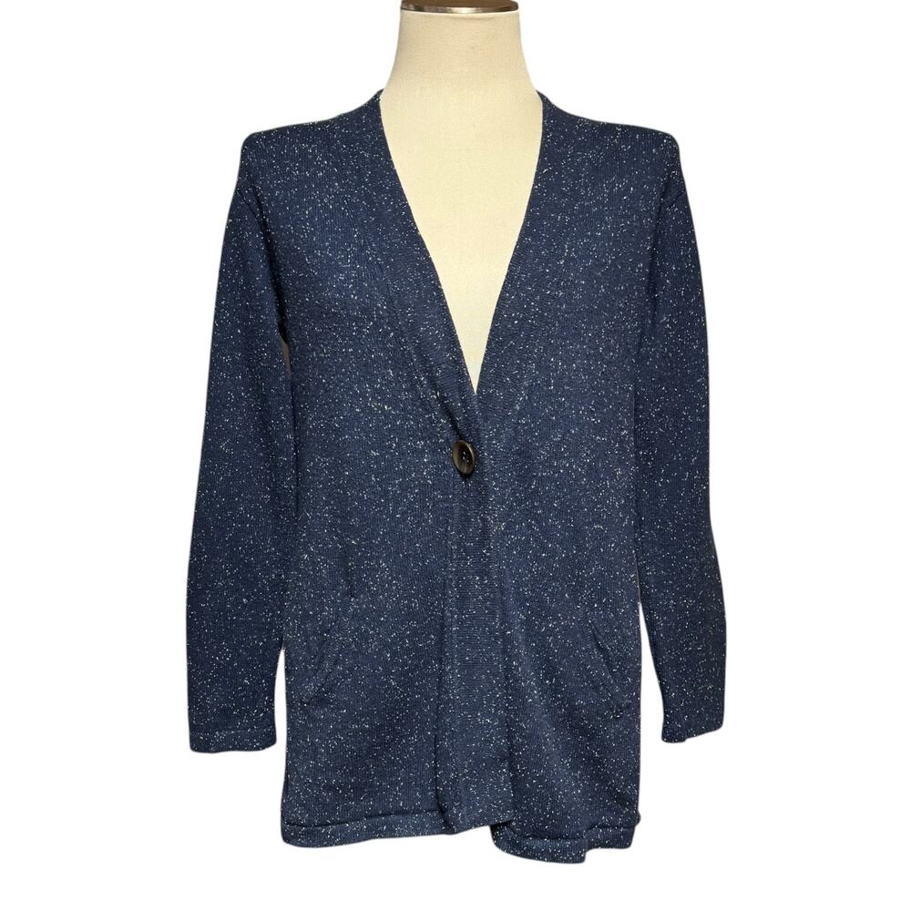 J.Jill Single Button Cardigan Sweater Blue Cream Speckled Medium